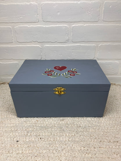 Vintage Blue Folk Art Painted Wood Box
