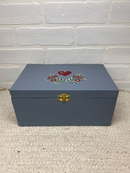 Vintage Blue Folk Art Painted Wood Box