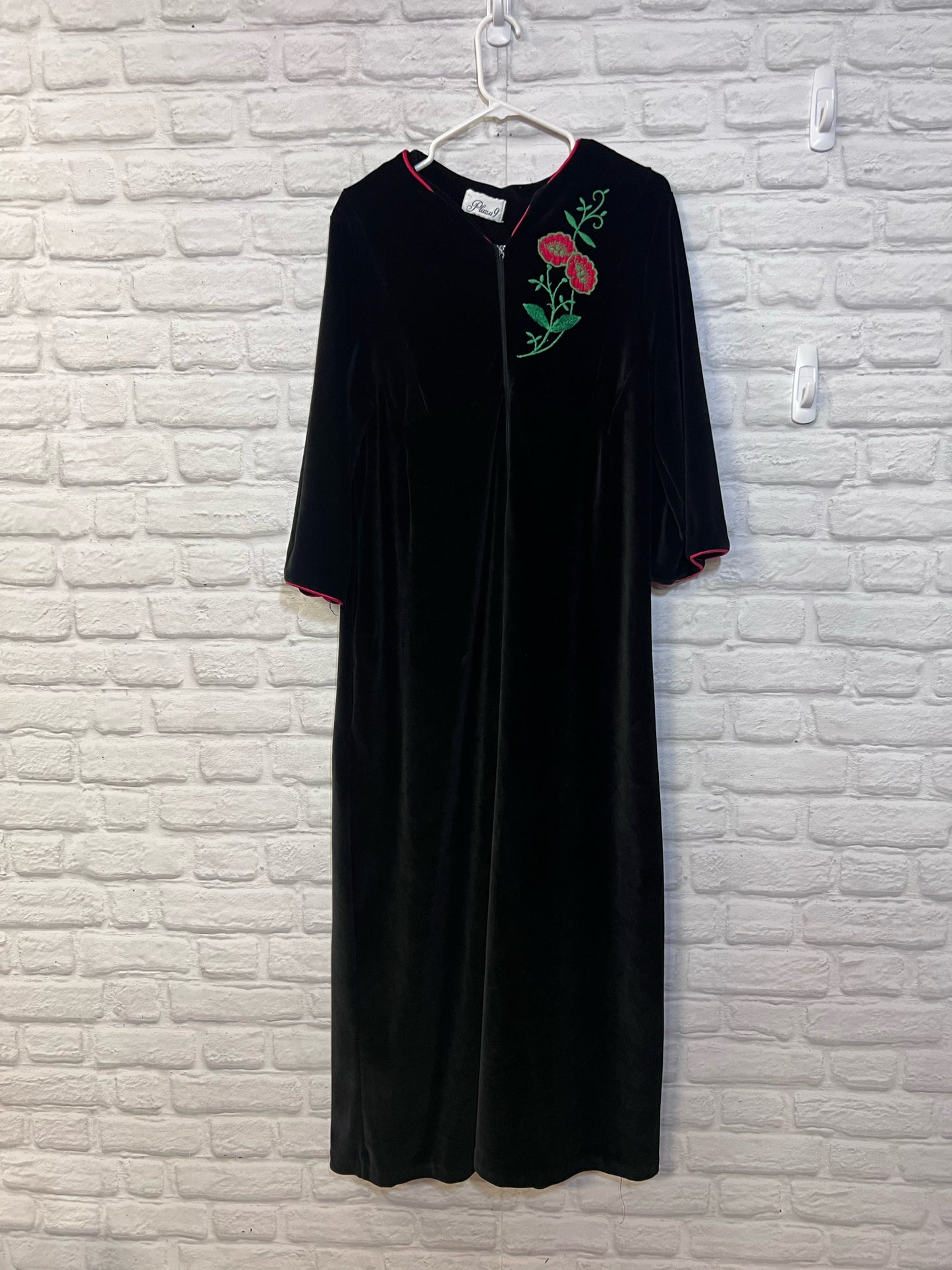 Plaza 9 Circa 1970's Black Velour Robe w/ Floral Embroidery