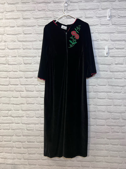 Plaza 9 Circa 1970's Black Velour Robe w/ Floral Embroidery