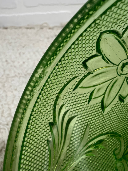 Vintage Uranium Glass Pressed Glass Floral Footed Bowl