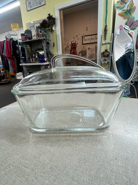 Clear Glasbake Covered Fridge Dish with 'Fin' Handle