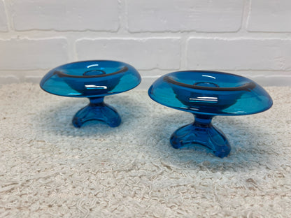 Viking Glass MCM Blue Blown Glass Taper Candle Holders (2)