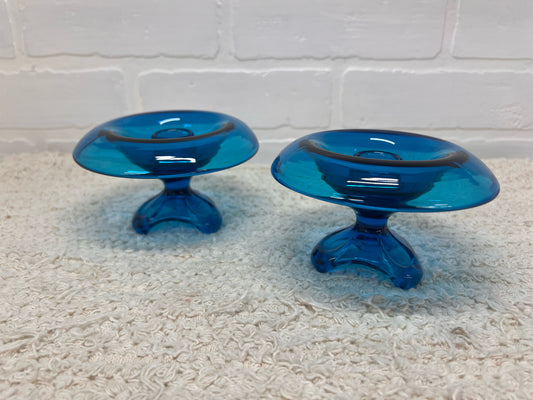 Viking Glass MCM Blue Blown Glass Taper Candle Holders (2)