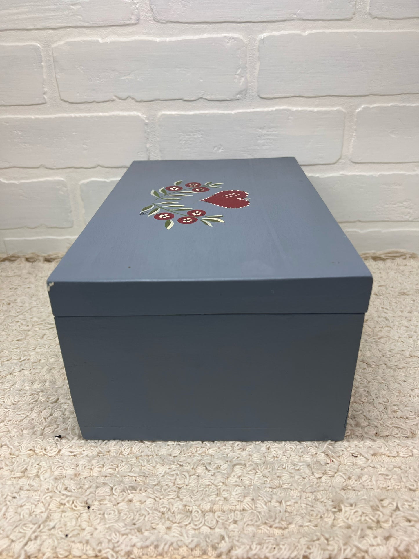 Vintage Blue Folk Art Painted Wood Box