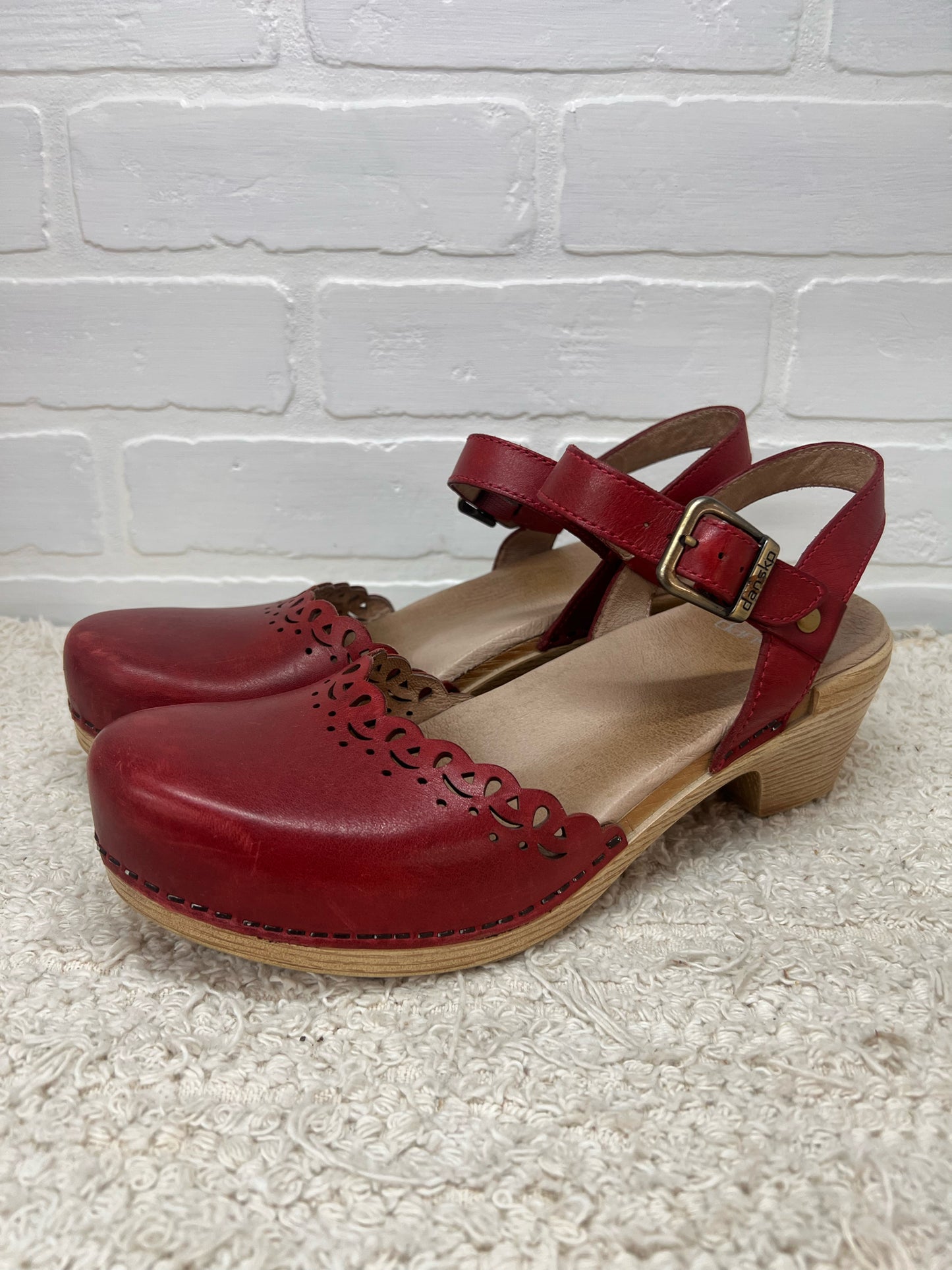 Shoe Size 39 Dansko Red Mary Jane Style Leather & Wood Clogs
