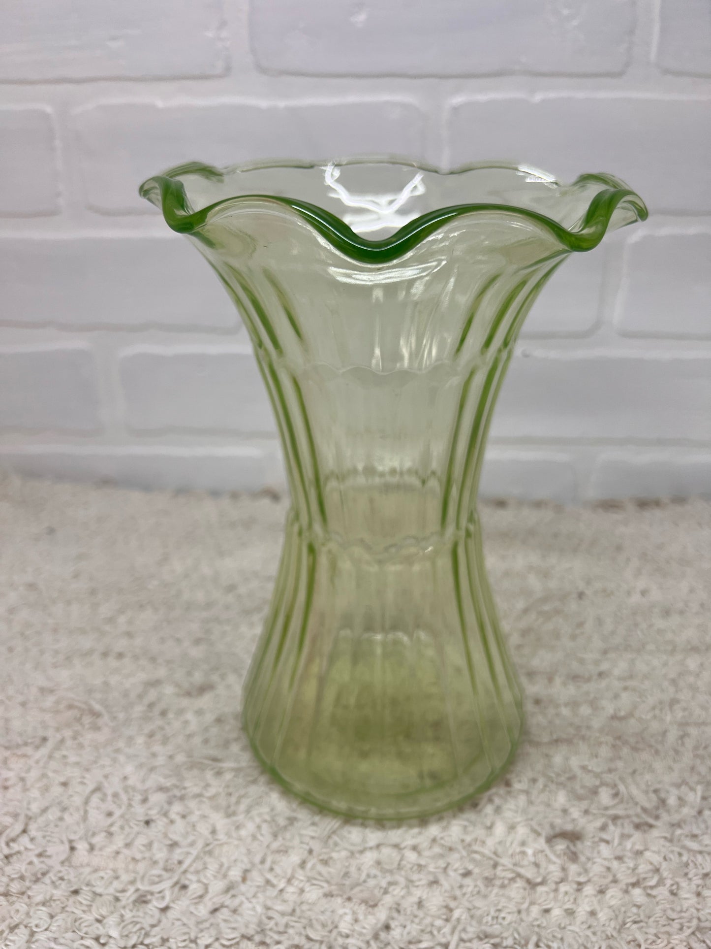 Vintage Uranium Glass Ruffle Top Vase 8"