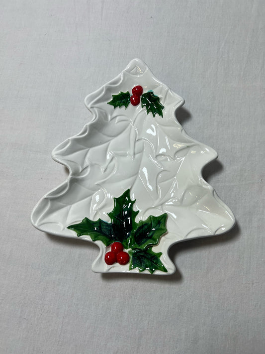 White  Lefton holly Christmas tree plate