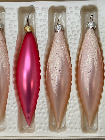 Vintage Pink Glass West German Icicle Ornament Set