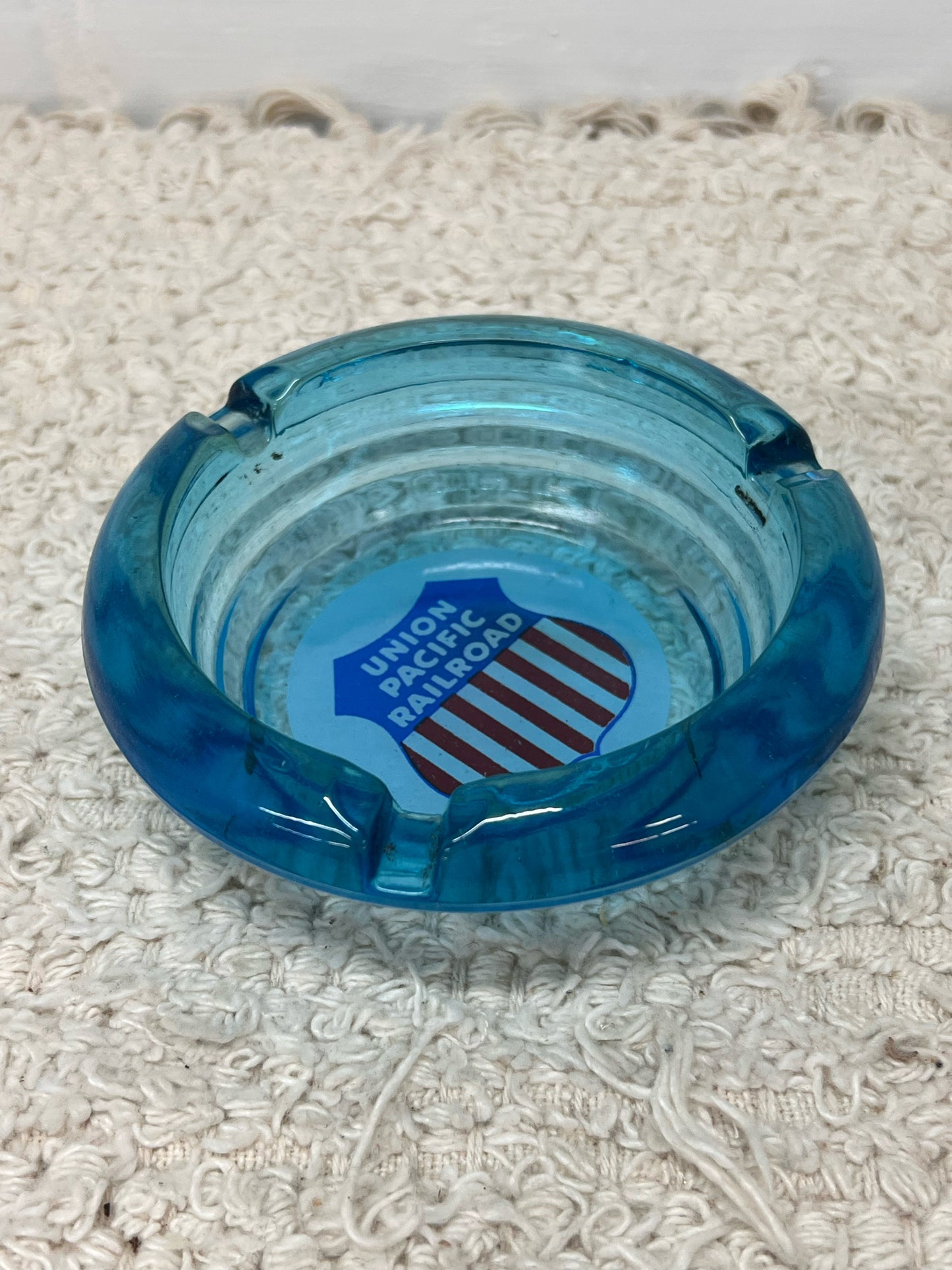 Vintage Union Pacific Railroad Blue Glass Shield Design Ashtray Circa 1960's