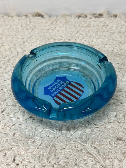 Vintage Union Pacific Railroad Blue Glass Shield Design Ashtray Circa 1960's