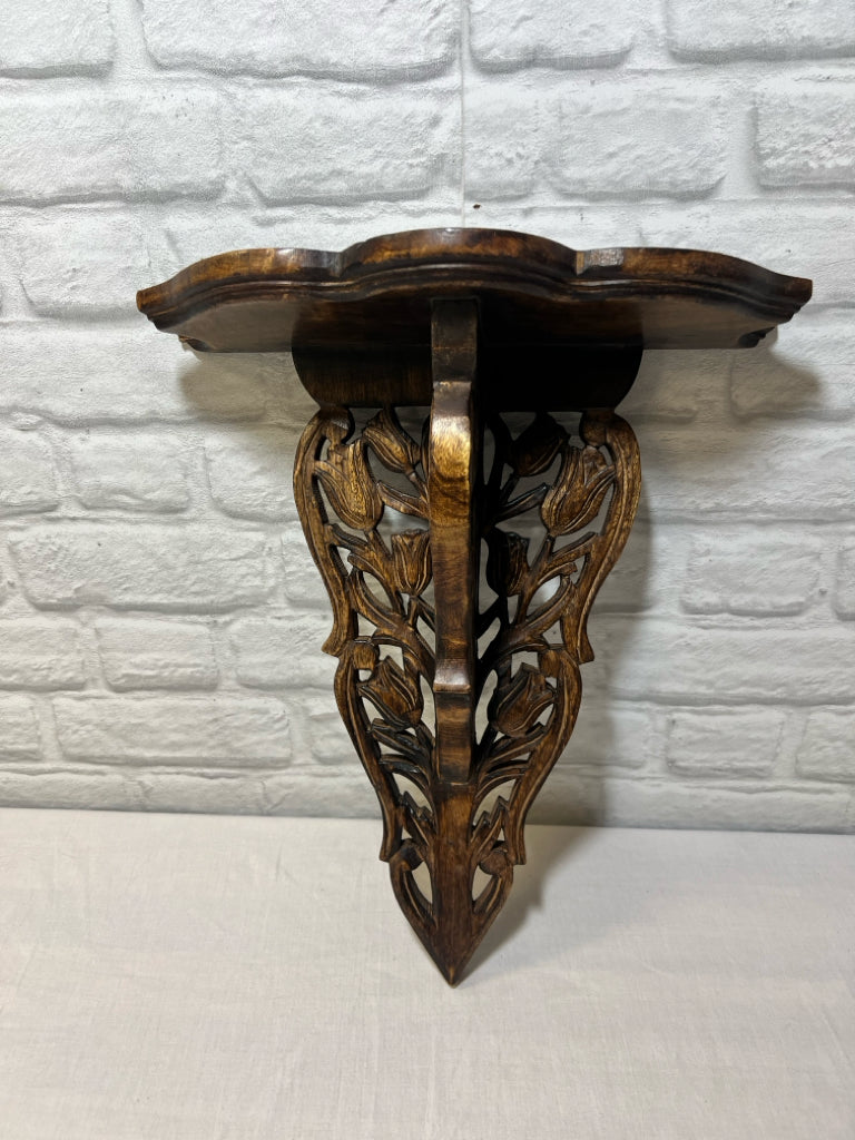 Hand carved wood shelf w/ tulip detail