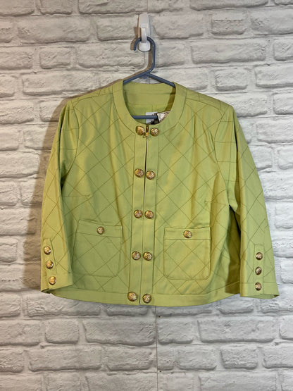 Size M CAbi Light Green Quilted Cotton Jacket w/ Gold Buttons