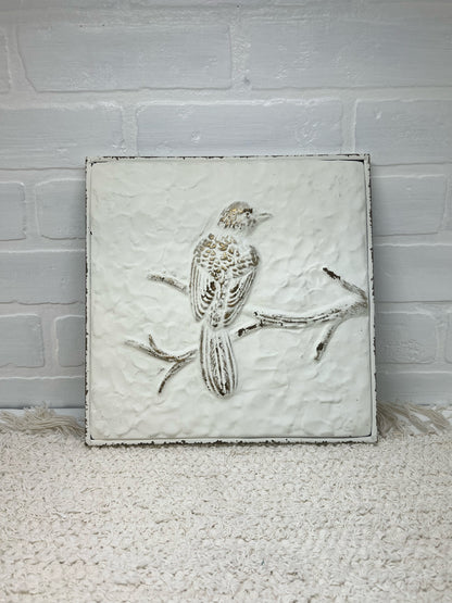 Whitewashed pressed metal bird wall art A