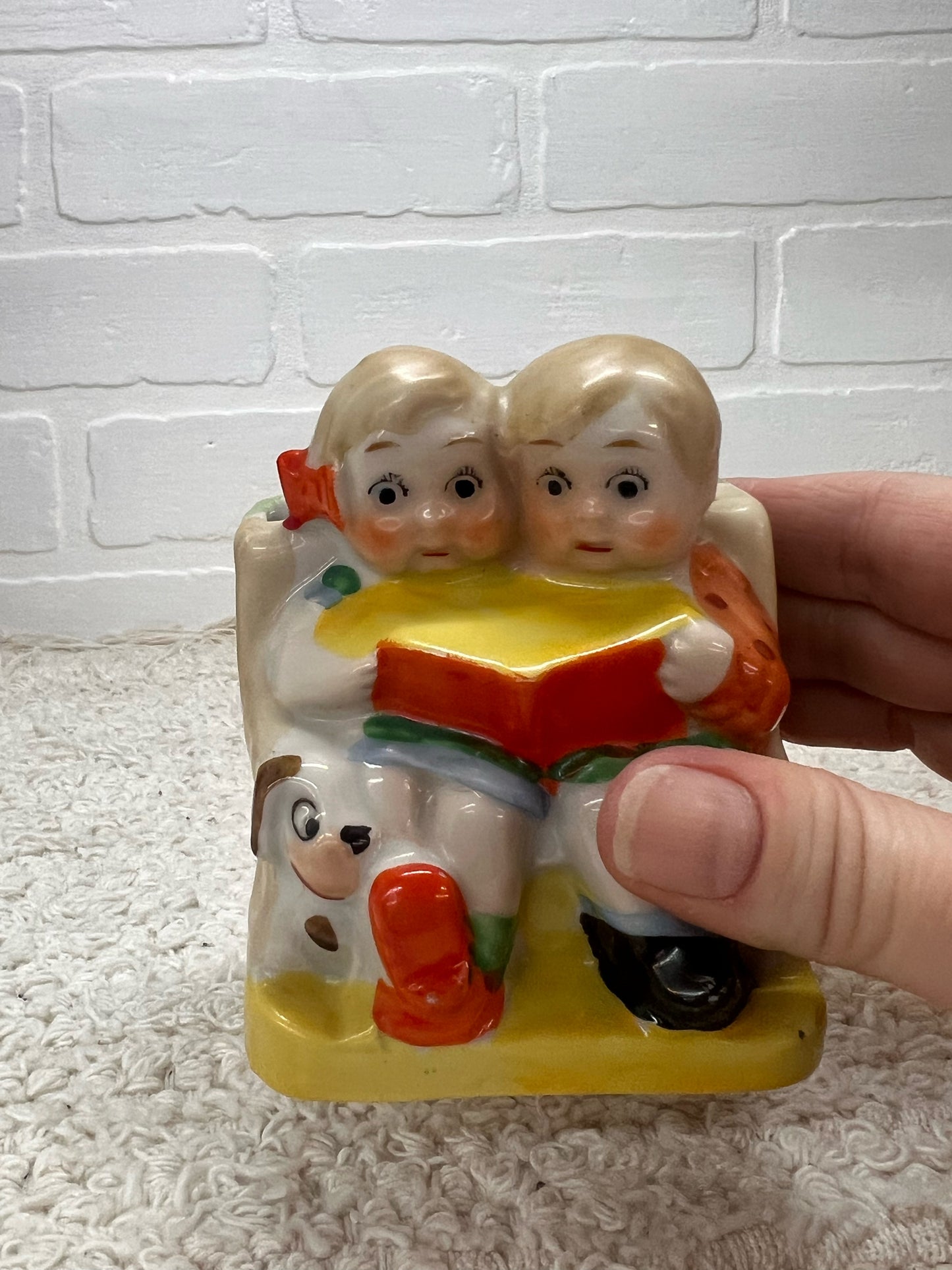 Vintage Planter Figure Two Children w/ Book & Dog