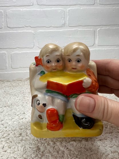 Vintage Planter Figure Two Children w/ Book & Dog