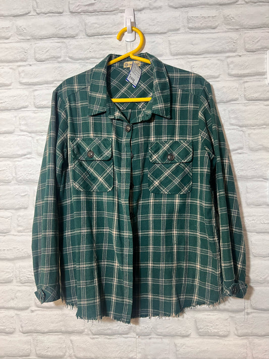 Green Plaid Button Up with Raw Hem
