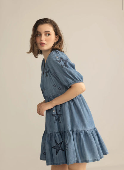 Prairie Hymn Embroidered Dress in Dusty Blue by Myra Bag