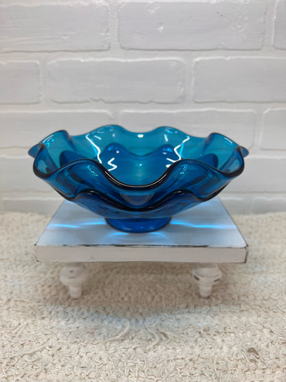 Viking Glass MCM Double Ruffle Blue Blown Glass Bowl