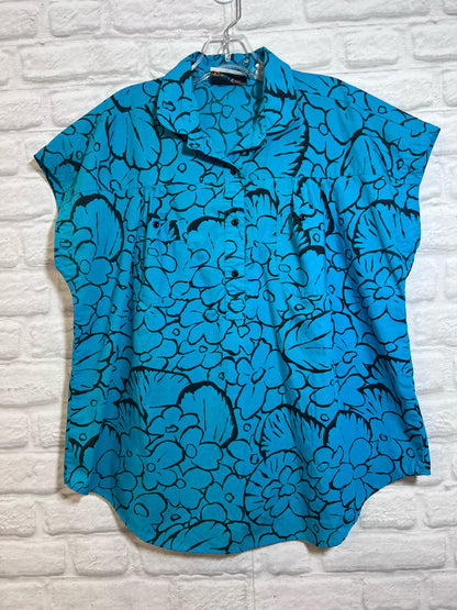 Size 40 Golden Wings Turquoise Floral Cotton Blouse - 1980s