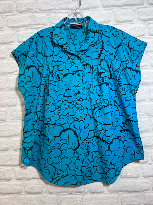 Size 40 Golden Wings Turquoise Floral Cotton Blouse - 1980s