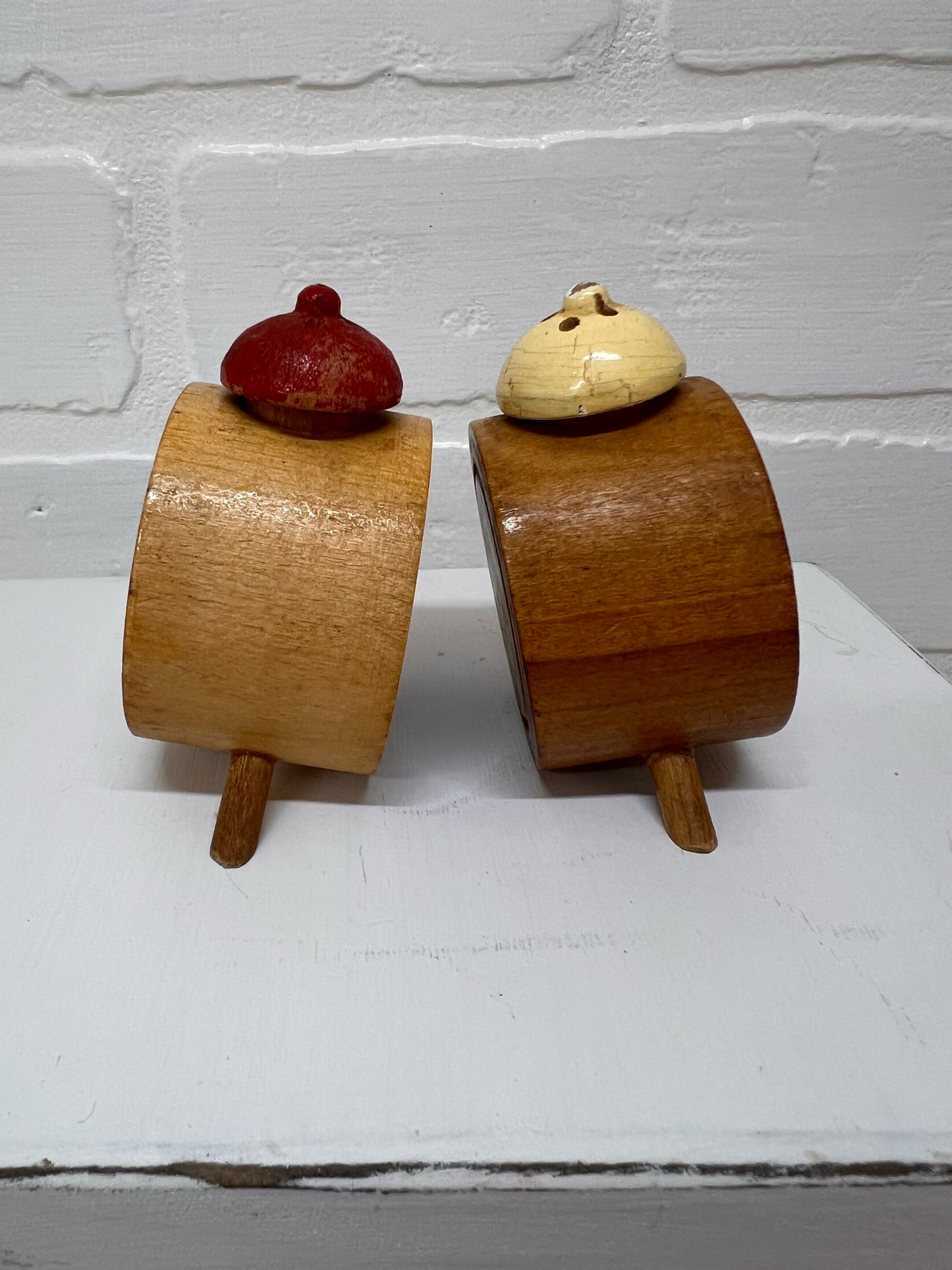 Vintage Anthropomorphic Alarm Clock Wooden Salt & Pepper Shakers