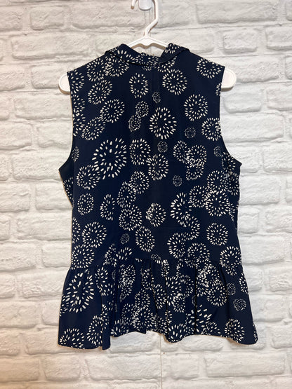 Size L CAbi Navy Blue & White Button Down Summer Top
