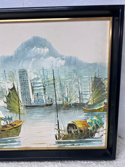 Vintage Framed Hong Kong Harbor Scene Original Painting