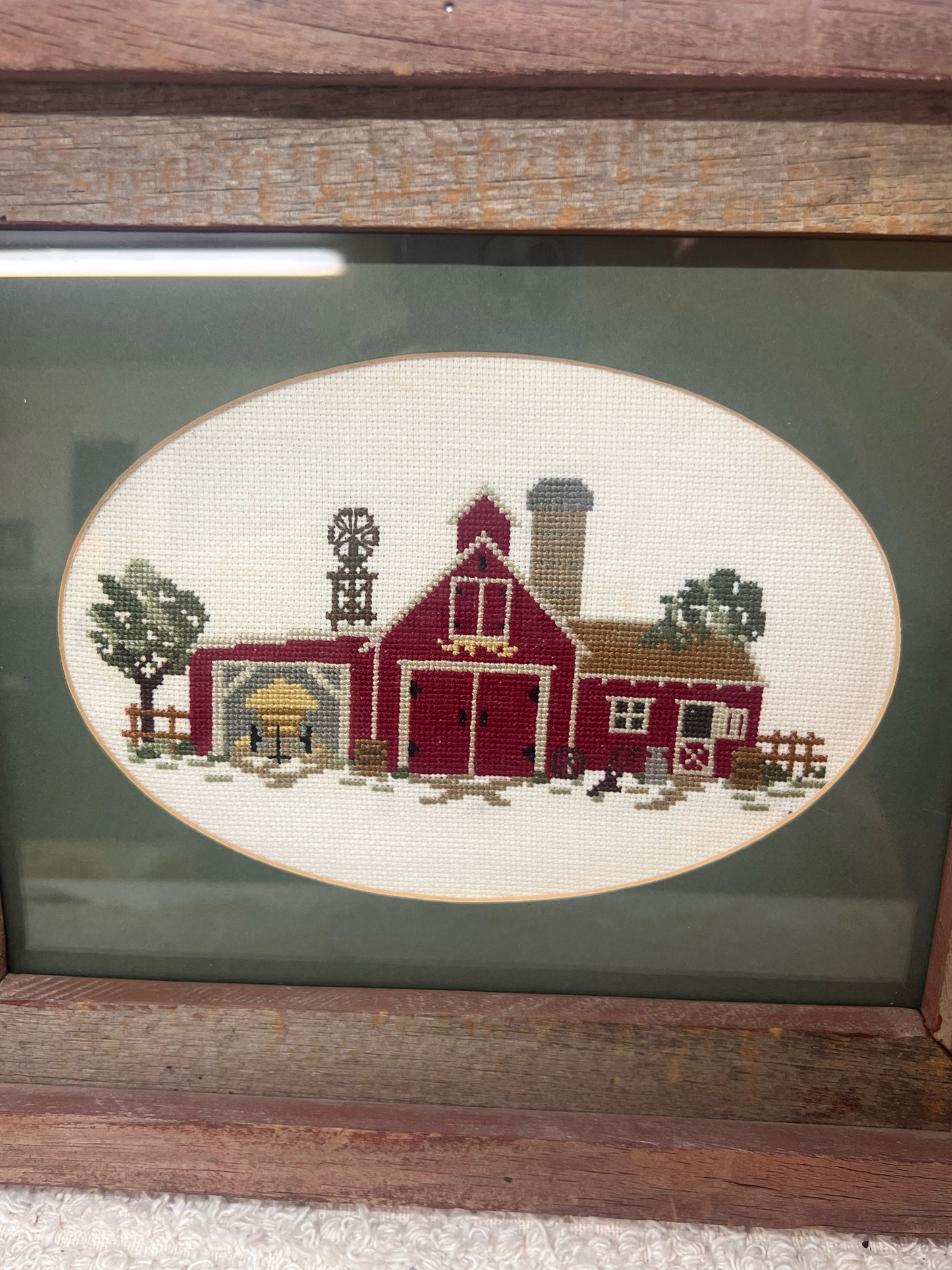 Vintage Framed Cross Stitch Barn in Barnwood Frame