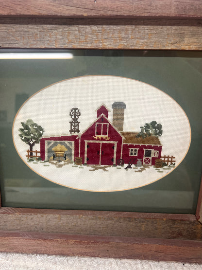 Vintage Framed Cross Stitch Barn in Barnwood Frame