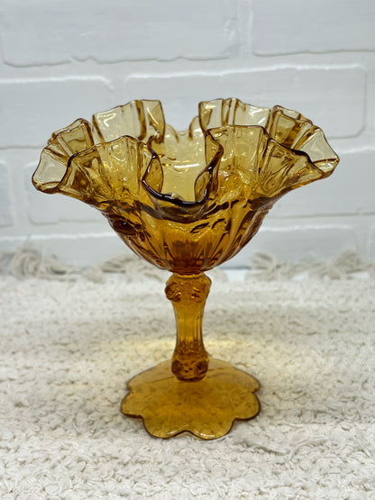 Fenton Compote Dish - Frilly Amber Glass