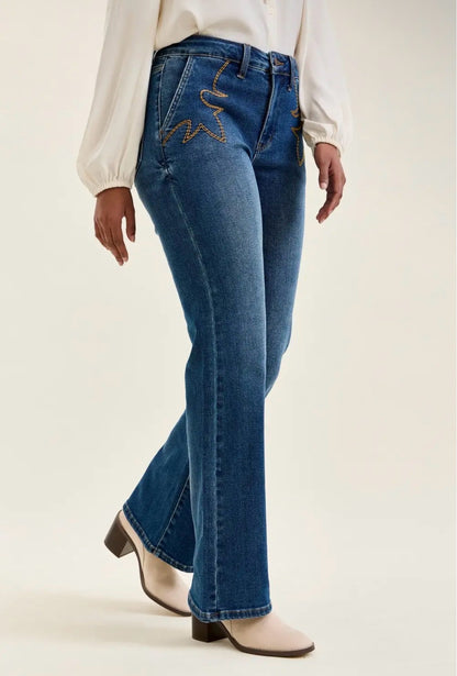 Judy Blue Daisy Bootcut Jeans in Saddle Blue w/ Cowboy Boot Stitching
