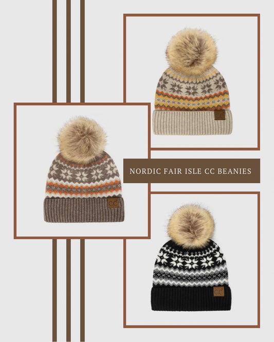 Cozy CC Fair Isle Pom Beanie | Winter Knit Hat in Neutral Tones