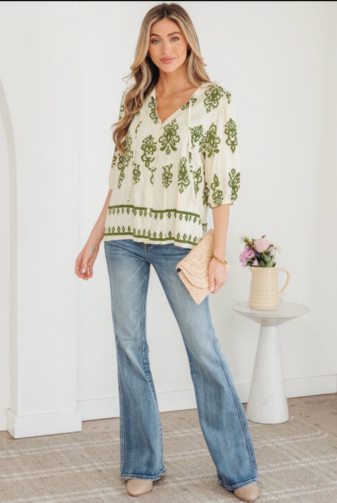 Pale Apricot Button Down Blouse w/ Green Floral Print & Puffy Half Sleeves