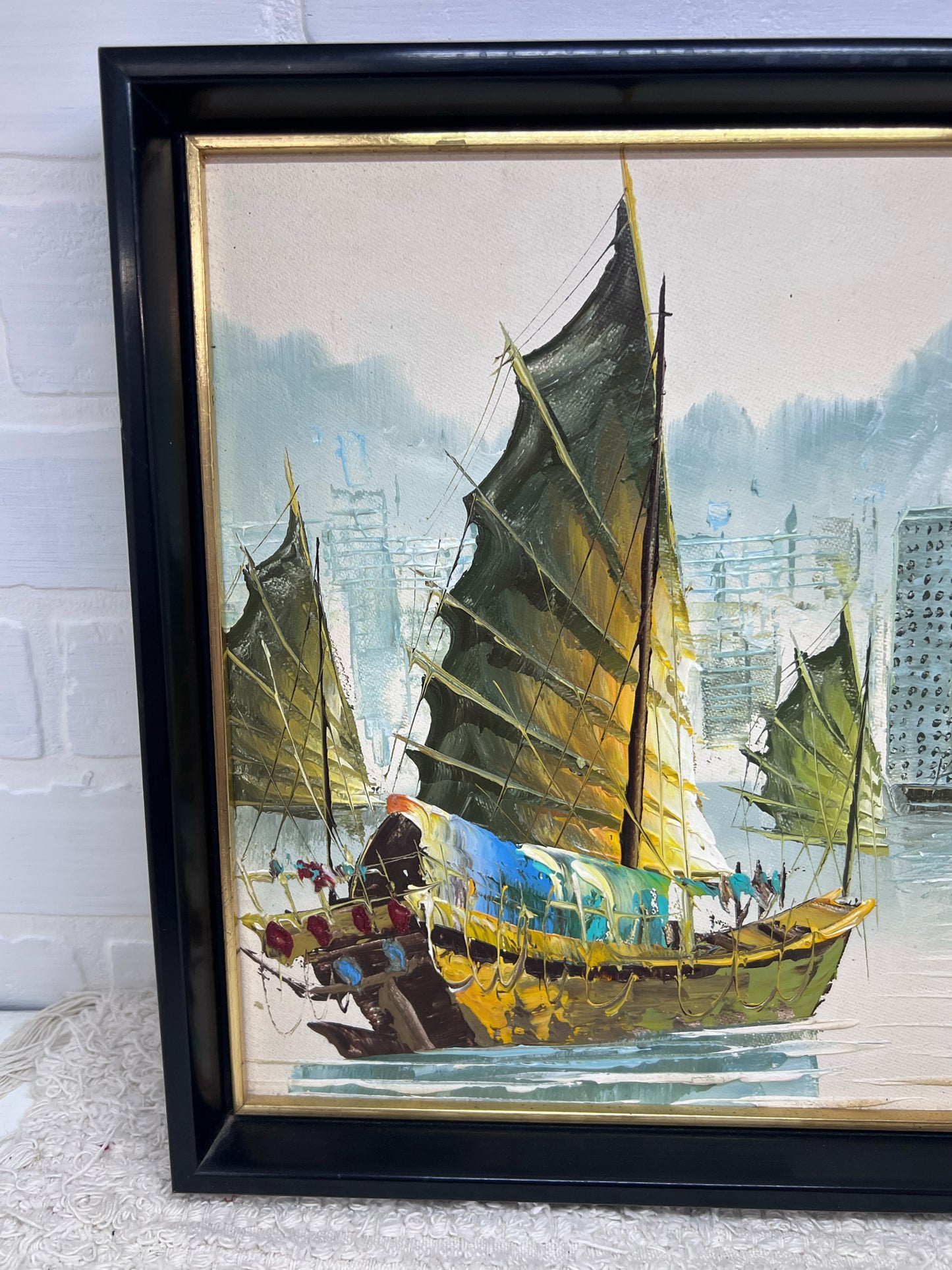 Vintage Framed Hong Kong Harbor Scene Original Painting