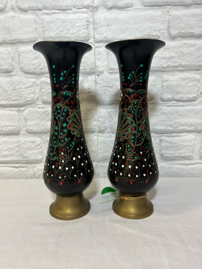 Set of two vintage painted brass peacock vases