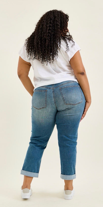 Judy Blue Mid Rise Boyfriend Jeans with Cool Denim Sorbtek Fabric & Crossback Belt Loops – Style 881089