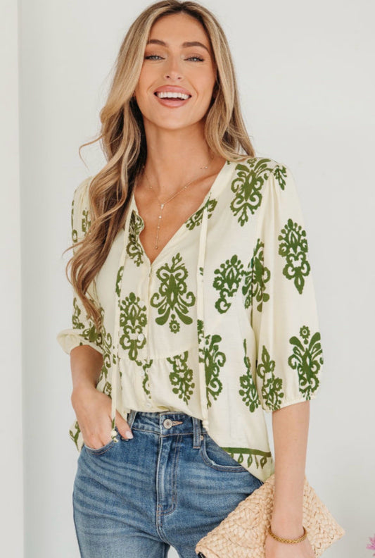Pale Apricot Button Down Blouse w/ Green Floral Print & Puffy Half Sleeves