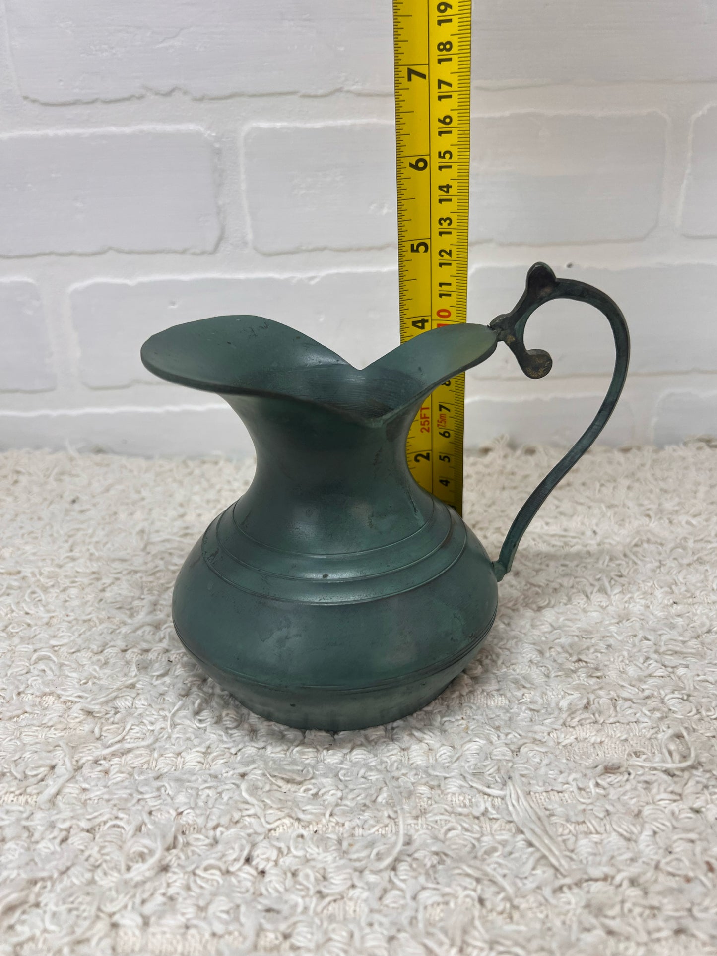 Vintage Green Metal 4" Pitcher w/ Ornate Handle