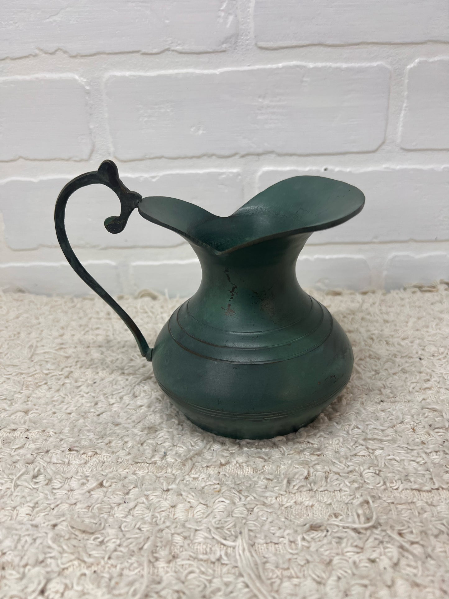 Vintage Green Metal 4" Pitcher w/ Ornate Handle