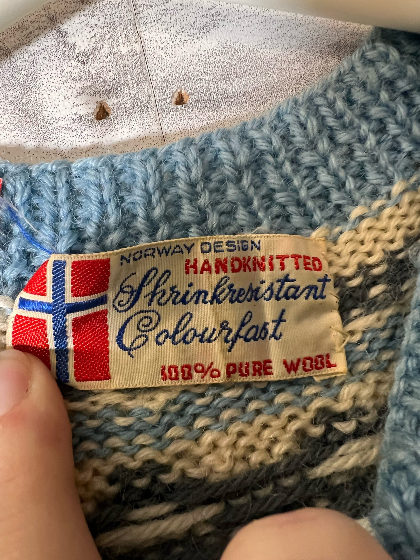 Size S Norway Design Blue, White & Gray Fair Isle Knit Wool Cardigan