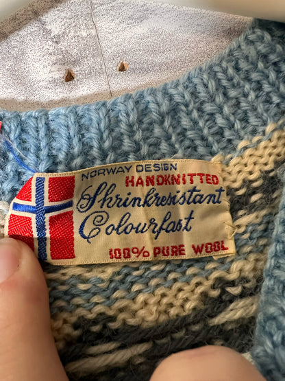 Size S Norway Design Blue, White & Gray Fair Isle Knit Wool Cardigan