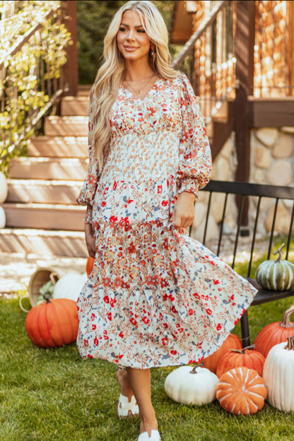 Orange Floral Print Ruffled Tiered Skirt Midi Dress