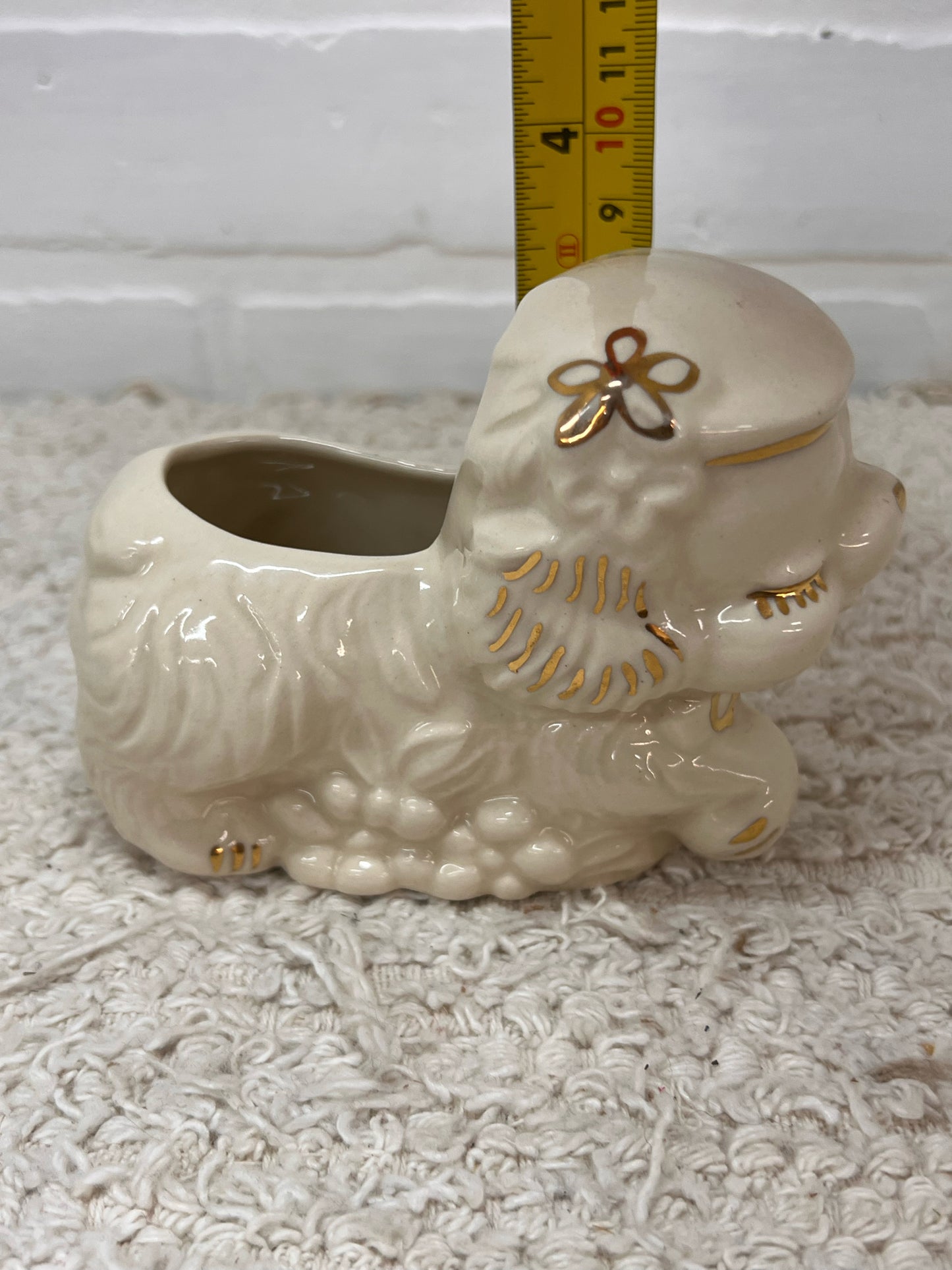 Vintage Sleeping Puppy Planter in Gold & White