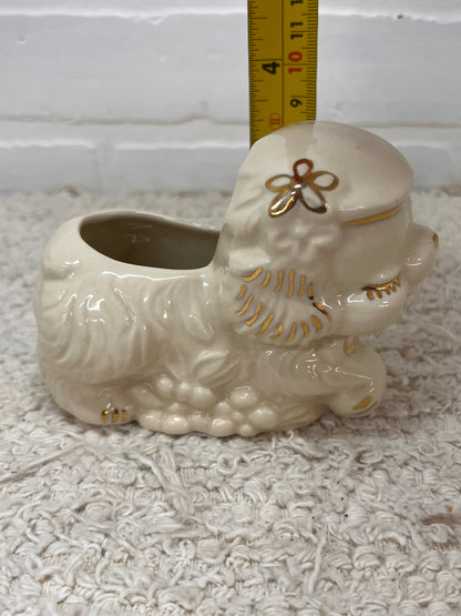 Vintage Sleeping Puppy Planter in Gold & White