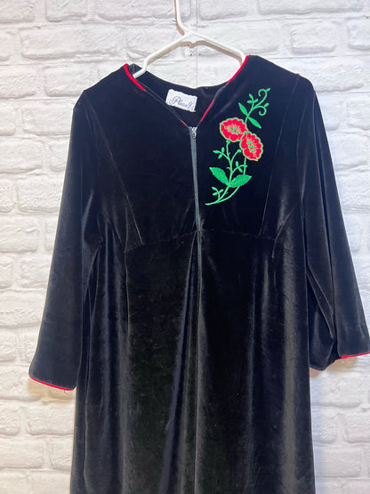 Plaza 9 Circa 1970's Black Velour Robe w/ Floral Embroidery