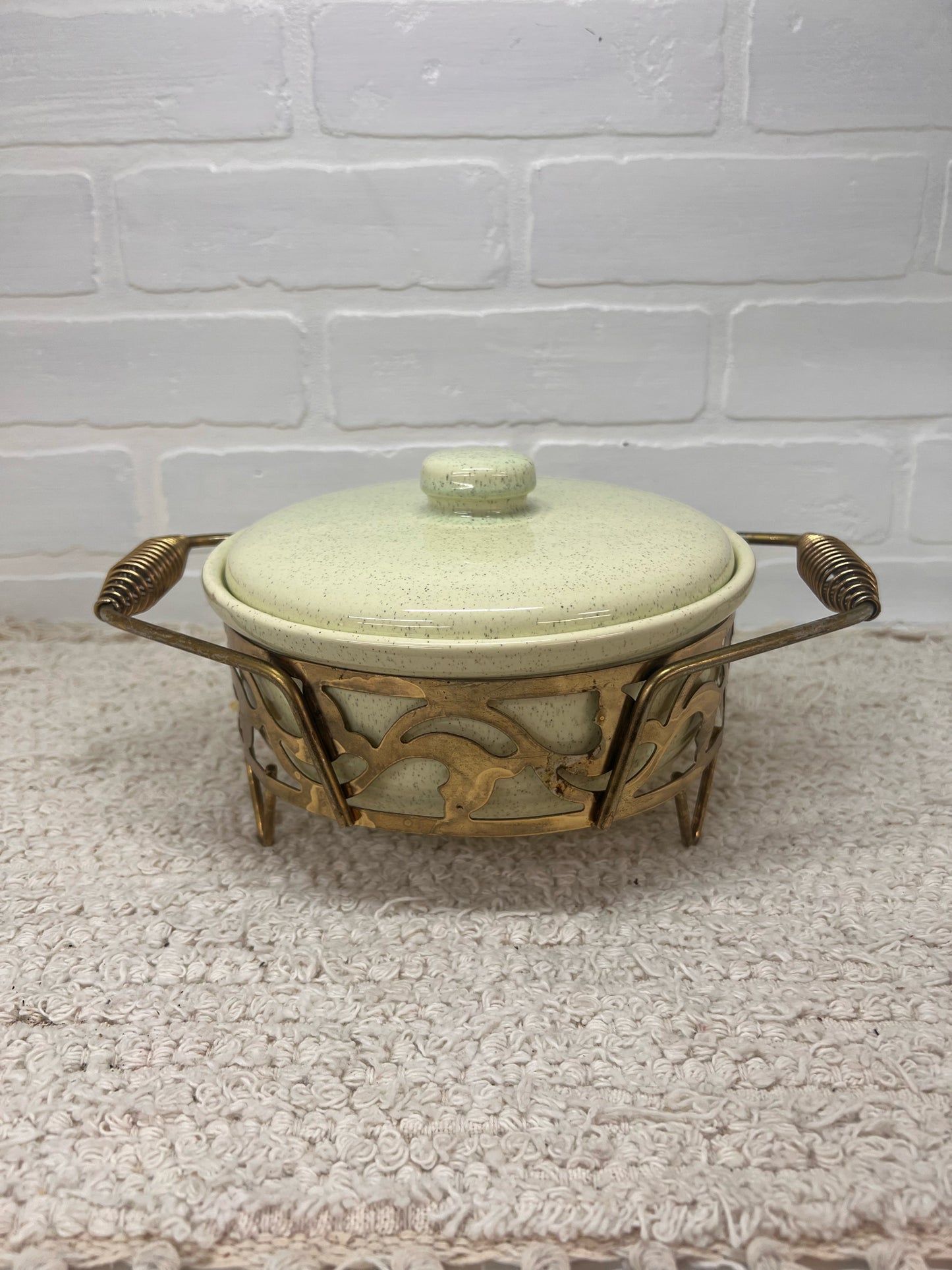 California Pottery MCM Mint Green Speckled Lidded Casserole Dish in Brass Caddy
