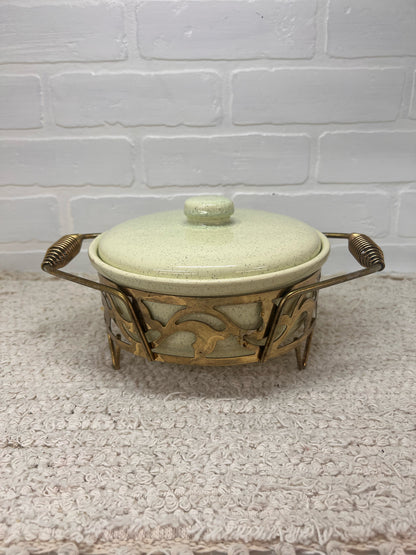 California Pottery MCM Mint Green Speckled Lidded Casserole Dish in Brass Caddy