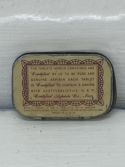 Vintage 1930's Aspirin Tin - Certified Brand - Tiny!