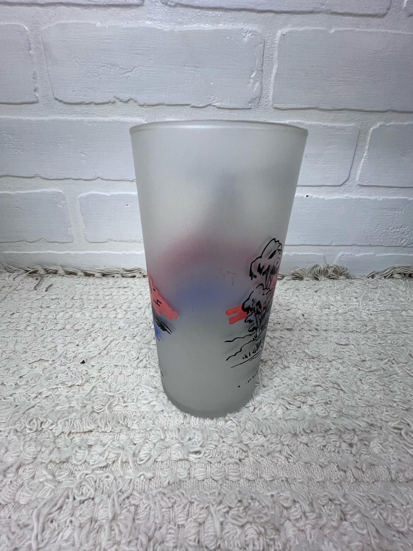 Vintage California Scenes Frosted Glasses Set of 8 Original Wire Carrier MCM Bar